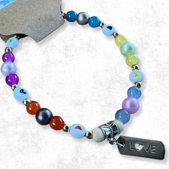 Multicolored Glass Beaded Stretchy Bracelet with Silver Accents and Love Charm - Picture 1 of 2